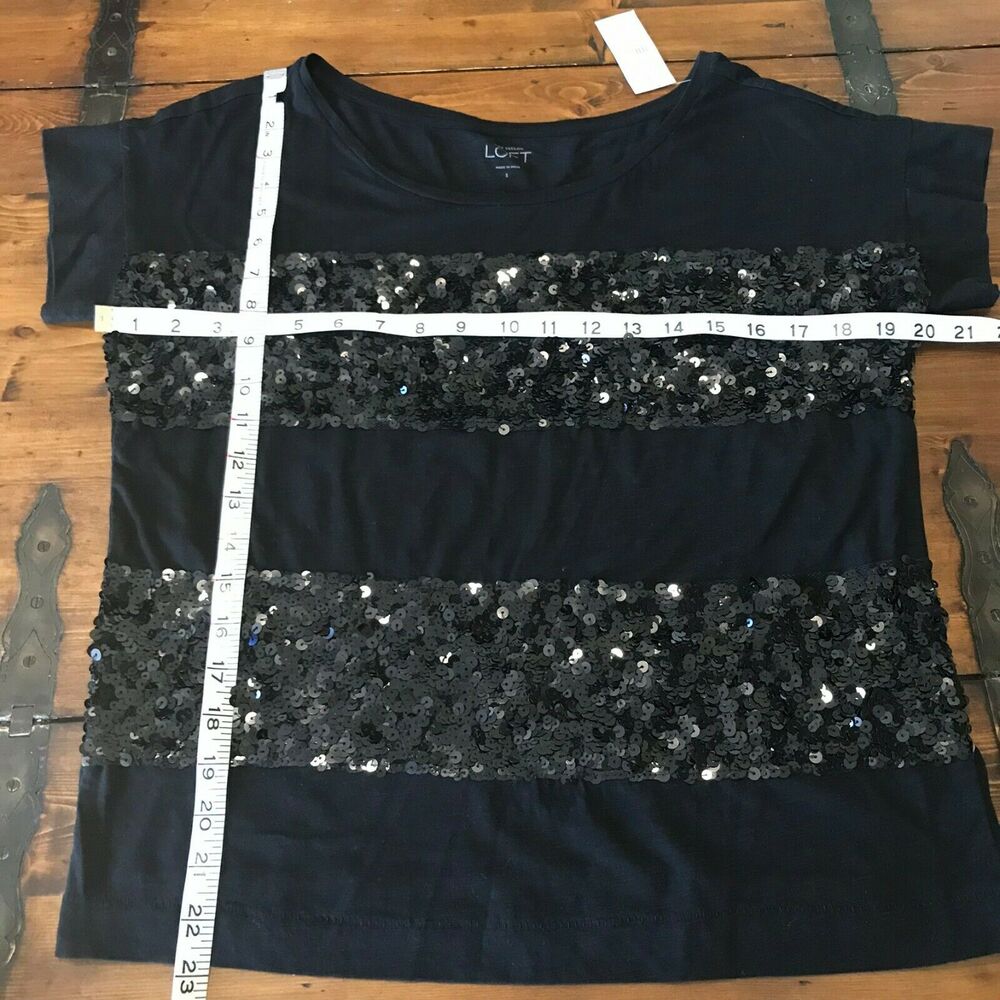 LOFT Womens‎ Top Size Small Black Sequined Striped Short Sleeve Ann Taylor NEW - Picture 5 of 6